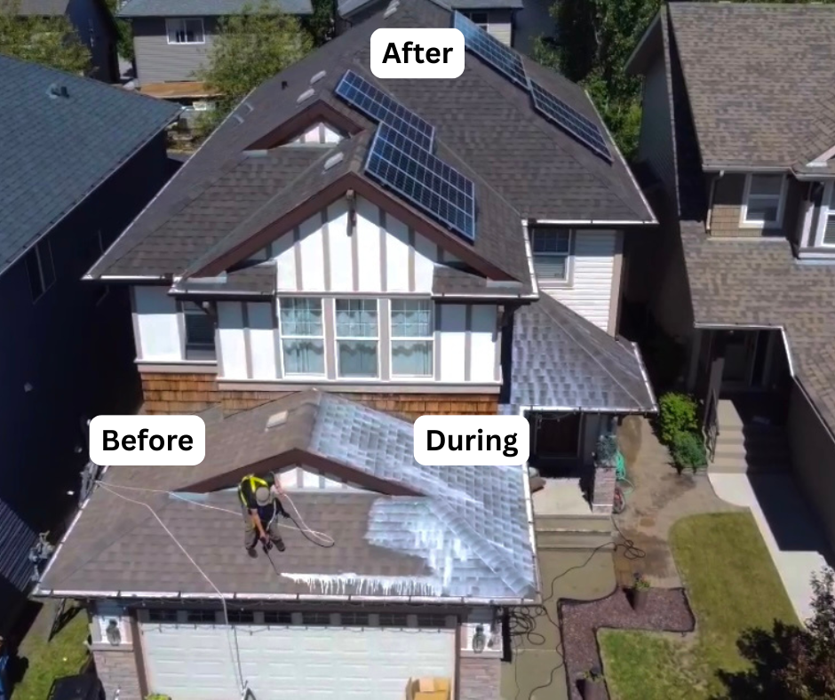 Two-story home shingle restoration before, during, and after